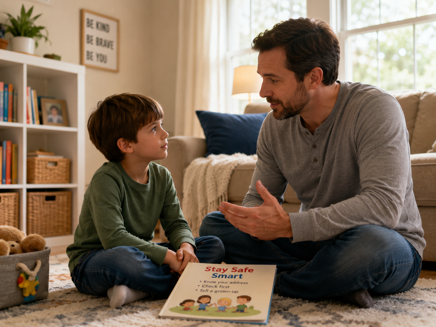 Dad talking to son about gun safety